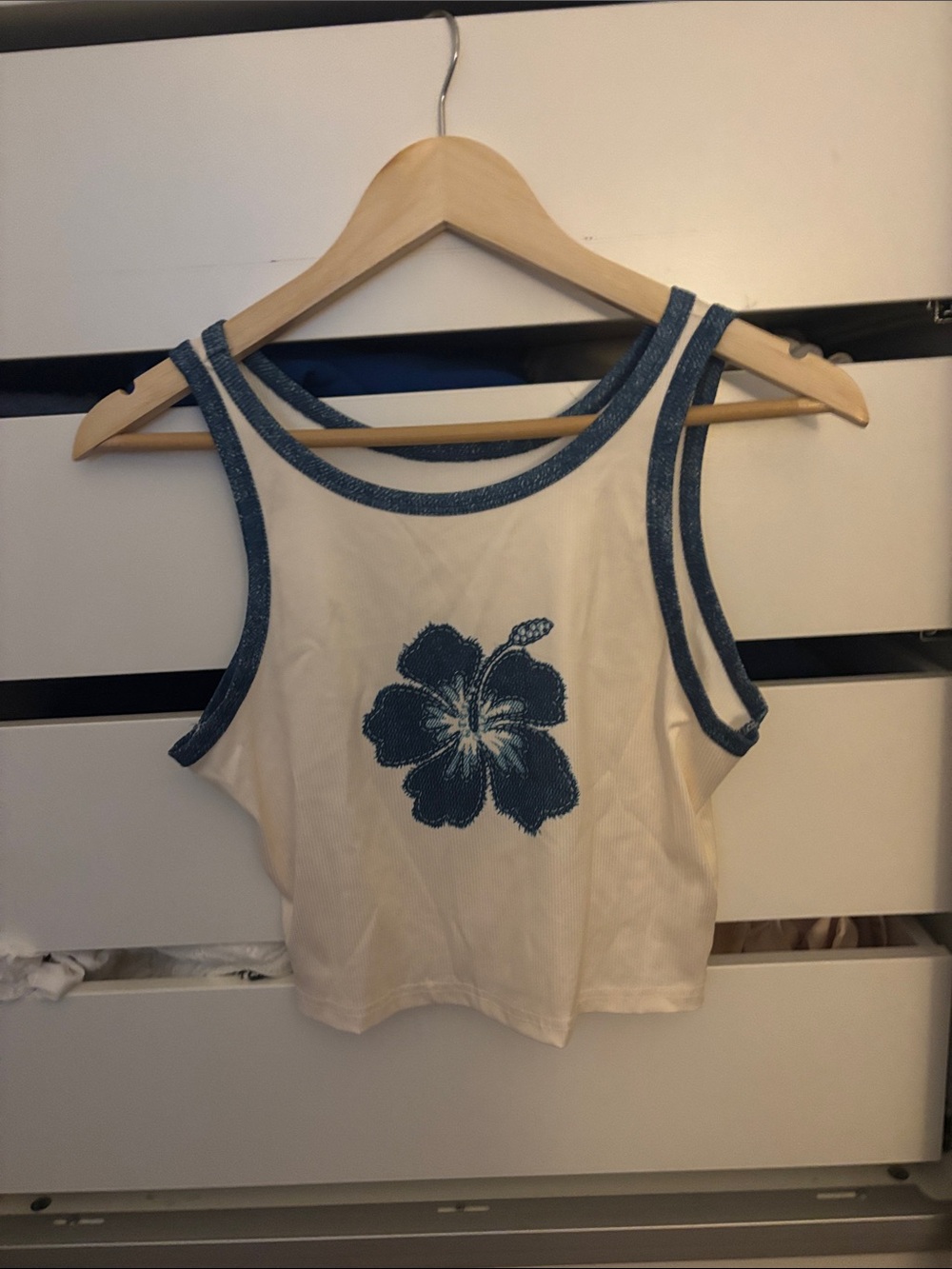Cream Tank Top with Blue Floral Accent